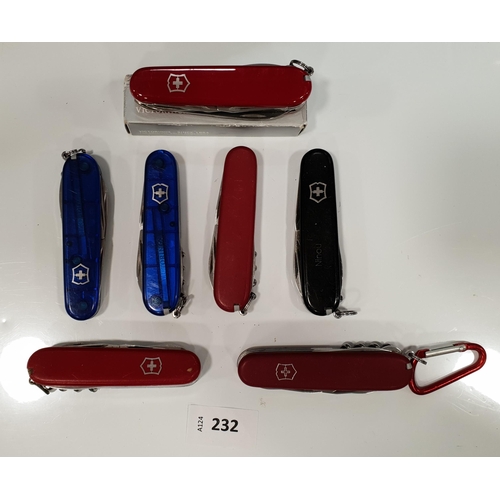 232 - SEVEN VICTORINOX SWISS ARMY KNIVES
of various sizes and designs, one in a box (5)
Note: You must be ... 