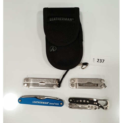 237 - FIVE LEATHERMAN MULTI-TOOLS
comprising Juice CS3, two Micra, Style and Sidekick in a case
Note: You ... 