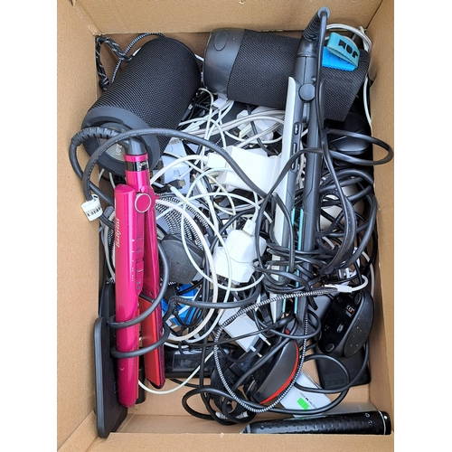 31 - ONE BOX OF CABLES, PLUGS, CHARGERS AND ELECTRICAL ITEMS
including speakers, hair straighteners, elec... 