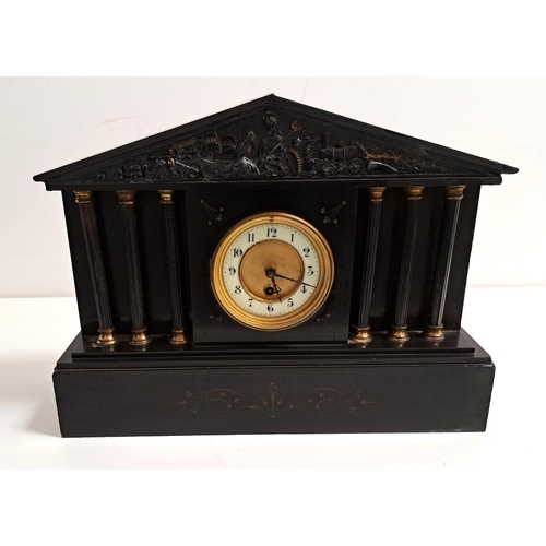 392 - VICTORIAN BLACK SLATE MANTLE CLOCK
styled as a Greek temple, the frieze decorated with Britannia abo... 