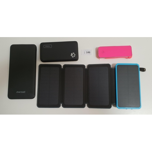 146 - FOUR POWERBANKS
including an HI-S025 Solar charger, Charmast, and Inui