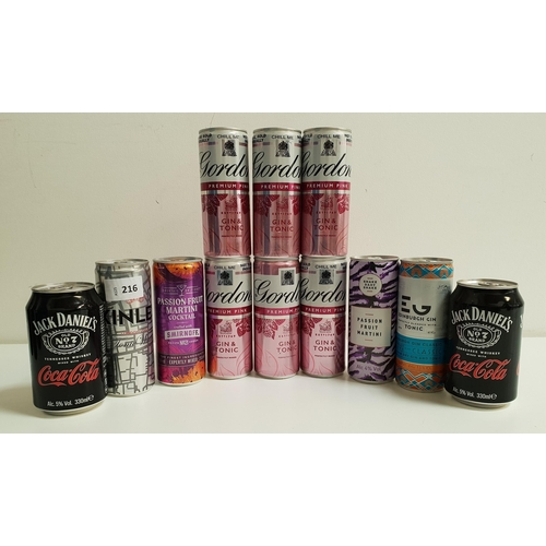 216 - TWELVE CANS OF PRE MIXED COCKTAILS AND DRINKS
comprising six cans of Gordon's premium pink gin and t... 