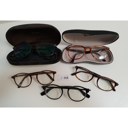 254 - FIVE PAIRS OF DESIGNER GLASSES
comprising Ray-Ban, 2x Tom Ford, Barbour and Marc Jacobs