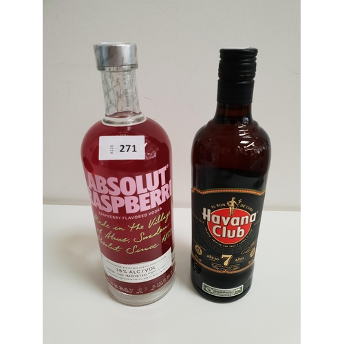 271 - TWO BOTTLES OF SPIRITS 
comprising Absolut Raspberri vodka (1L, 38%) and Havana Club 7 year rum (700... 