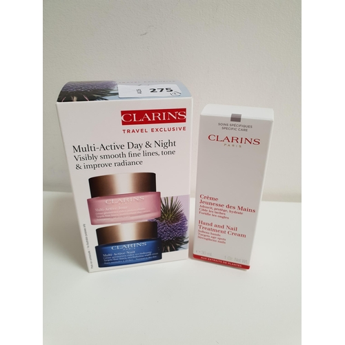 275 - SELECTION OF BOXED CLARINS CREAMS
comprising a Clarins Travel exclusive set containing Multi-Active ... 