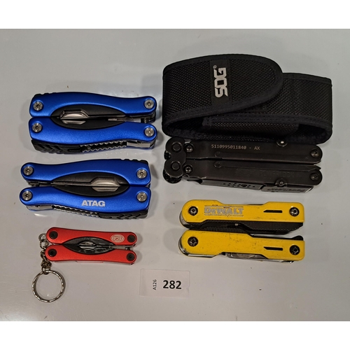 282 - SELECTION OF FIVE MULTI-TOOLS
including DeWalt, SOG
Note: you must be over the age of 18 to bid on t... 