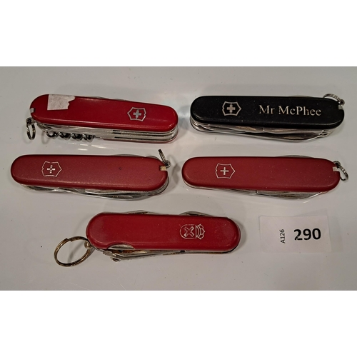 290 - FIVE SWISS ARMY KNIVES
of various sizes and designs (5)
Note: You must be over the age of 18 to bid ... 