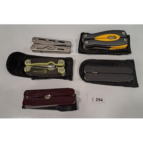 294 - FIVE MULTI-TOOLS
of various sizes and designs (5)
Note: You must be over the age of 18 to bid on thi... 