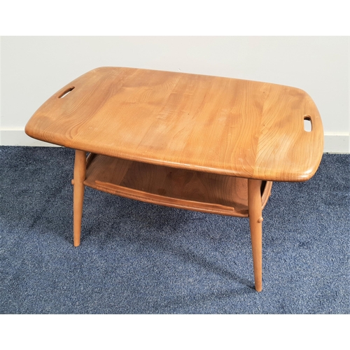 326 - ERCOL ELM AND BEECH BUTLERS TRAY TABLE
with two recessed handles to the top above an undertier with ... 