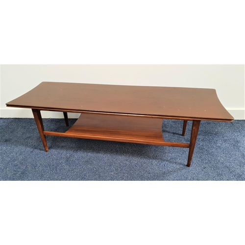 336 - TEAK OCCASIONAL TABLE
with a shaped rectangular top and shelf below, standing on tapering supports, ... 