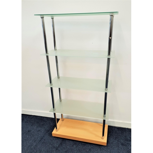 341 - SET OF OPEN SHELVES
the four opaque glass shelves with tubular steel supports and a beech base, 145c... 