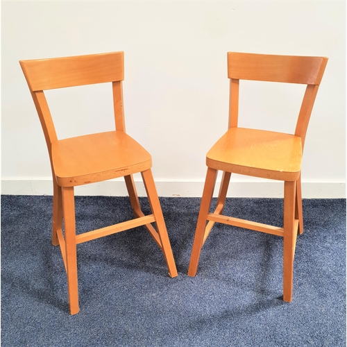 355 - PAIR OF BEECH CHILDRENS STOOLS
with shaped backs and solid seats, standing on plain supports (2)