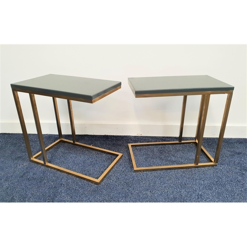 357 - PAIR OF OCCASIONAL TABLES
with grey gloss rectangular tops on brass effect shaped basses, 44.5cm hig... 