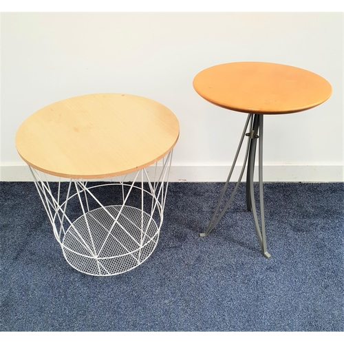 379 - BEECH OCCASIONAL TABLE
with a circular top on three metal shaped supports, 61.5cm high, together wit... 