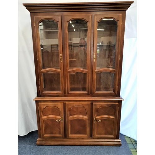 344 - CHERRY ILLUMINATED SIDE CABINET
with a moulded pediment above three glass doors and side panels with... 