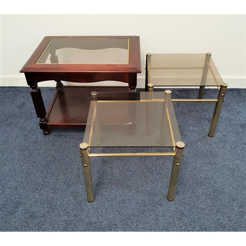 365 - PAIR OF OCCASIONAL TABLES
with square smoked glass tops on brass effect supports, 37.5cm x 42.5cm, t... 