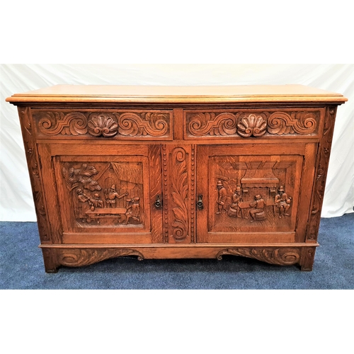 397 - EARLY 20th CENTURY OAK SIDE CABINET
now lacking its raised back, with a moulded top above two carved... 