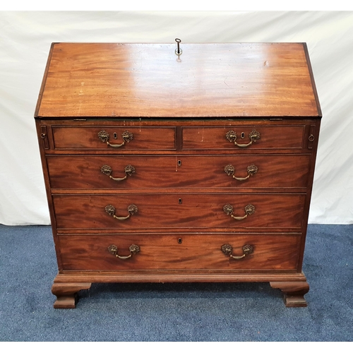 402 - GEORGE III MAHOGANY BUREAU
the fall flap with an inset baize and fitted interior, above two short an... 