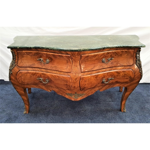 404 - CONTINENTAL BOMBE BURR ASH AND WALNUT CHEST OF DRAWERS
with a green marble top and gilt metal mounts... 