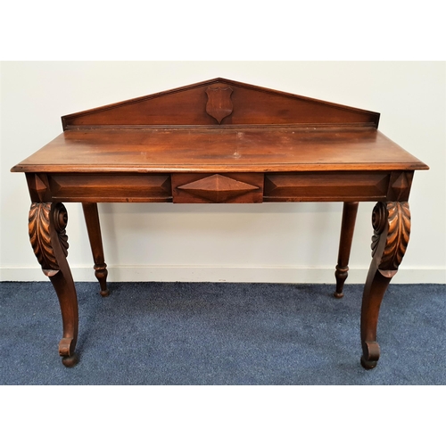 405 - VICTORIAN OAK HALL TABLE
with a shaped raised back centred with a shield, above a moulded top with a... 