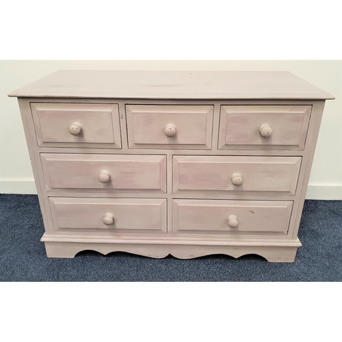 408 - PAINTED PINE CHEST OF DRAWERS
with a moulded top above three frieze panelled drawers and two pairs o... 