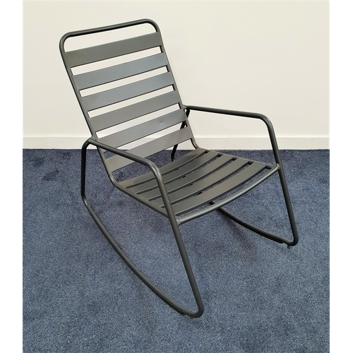 380 - METAL FRAME ROCKING CHAIR
with a slatted back and seat, on shaped rockers