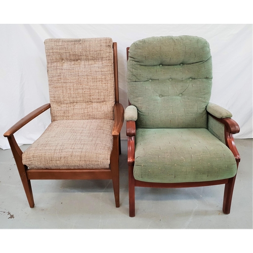 382 - OAK FRAME FIRESIDE ARMCHAIR
with a button back and padded seat covered in a speckle green chenille, ... 