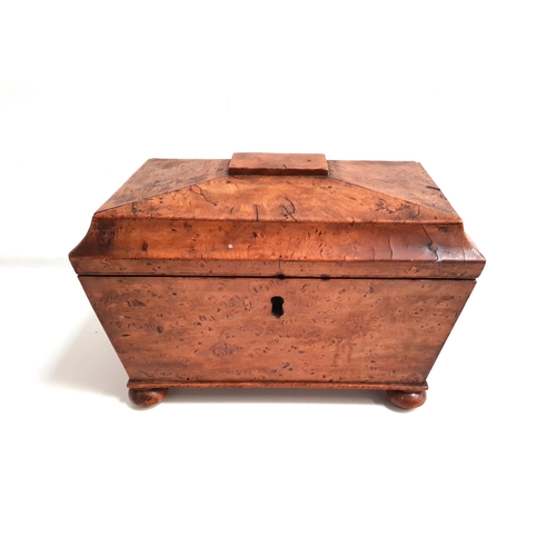 210 - GEORGIAN FIGURED WALNUT SARCOPHAGUS TEA CADDY
with a lift up lid, now lacking interior, standing on ... 