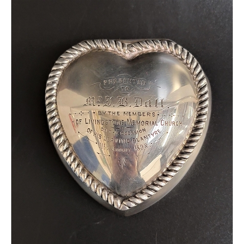 150 - VICTORIAN SILVER HEART SHAPED TRINKET BOX
with rope twist detail to the hinged cover and engraved 'P... 