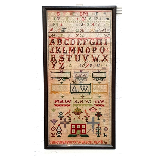 211 - VICTORIAN NEEDLEWORK SAMPLER
by Jane Margaret Watson and dated 1874, with alphabetical, numerical an... 