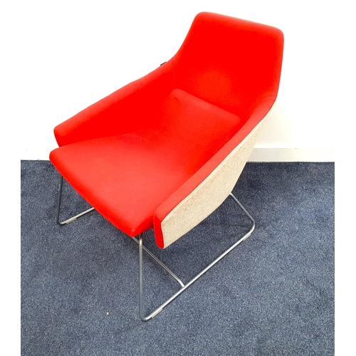 415 - MODUS WRAP CHAIR
by Simon Pengelly in a red and contrasting grey wool blend material, on chrome supp... 