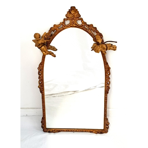 431 - PAINTED ARCHED METAL WALL MIRROR
with an arched plate, the frame with later applied cherubs, 67cm x ... 