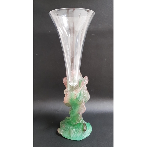 182 - DAUM SOLIFLOR NATURE VASE
with a clear glass trumpet supported by a green pate sur pate base decorat... 