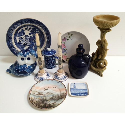 205 - MIXED LOT OF CERAMICS
including a pair of blue and white candle sticks with Delft marked candles, ch... 