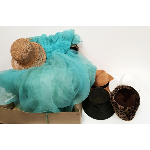 279 - VINTAGE DRESS AND SELECTION OF HATS
the dress a strapless evening gown in turquoise taffeta, size 38... 