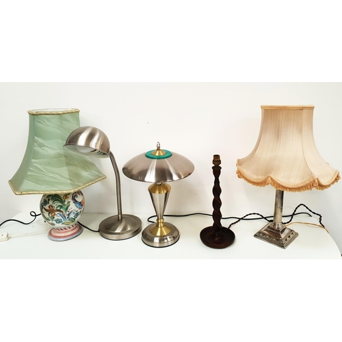 440 - FIVE ASSORTED LAMPS
including a turned wood lamp, 35.5cm high, brushed steel conical lamp, 39cm high... 