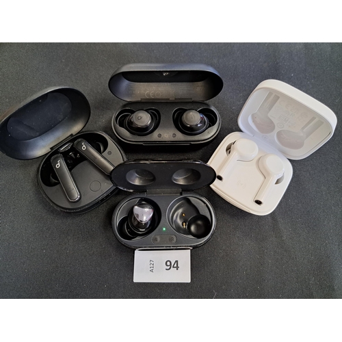 94 - THREE PAIRS OF EARBUDS IN CHARGING CASES
comprising Soundcore and Belkin with a single Samsung earbu... 