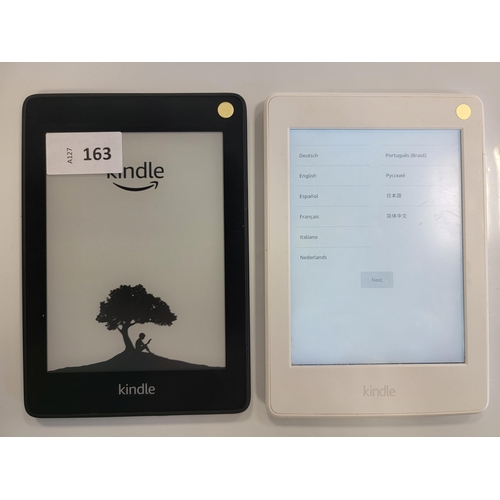 163 - TWO AMAZON KINDLE E-READERS
comprising a Paperwhite 3, serial number G090 KB13 7276 OL1U; and a Pape... 