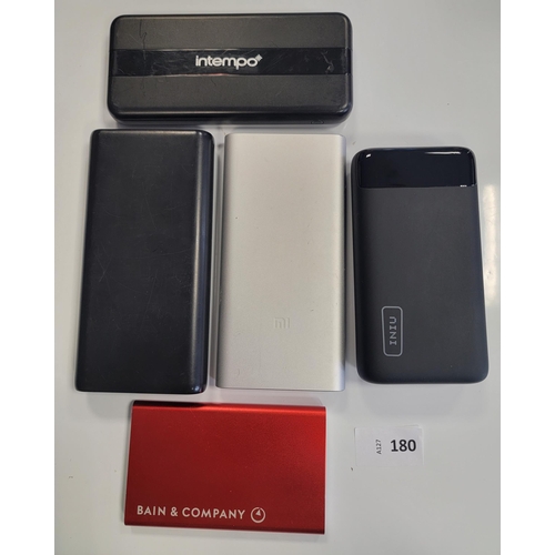 180 - SELECTION OF FIVE POWERBANKS
including Iniu, Intempo, Mi