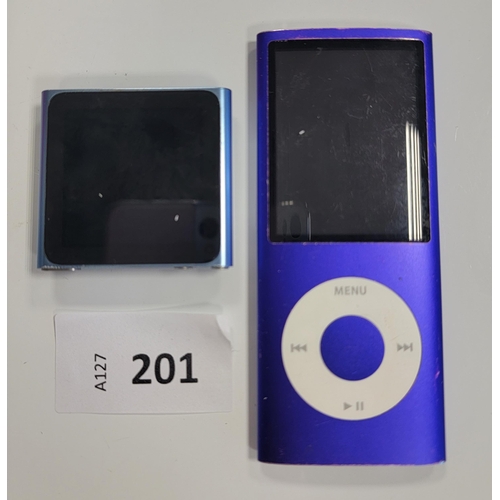 201 - TWO APPLE IPOD NANOS 
models A1366, A1285; both 8GB; serial numbers DCYH50CGDDVY, 5U849XTD3QU;
Note:... 