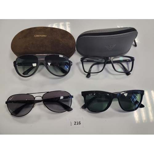 216 - THREE PAIRS OF DESIGNER SUNGLASSES
comprising Tom Ford and Ray-Ban x2, with a pair of Emporio Armani... 