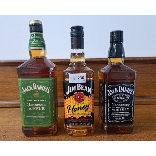 230 - THREE BOTTLES OF WHISKEY 
comprising Jack Daniel's Tennessee Apple (1L, 35%), Jack Daniel's Old No.7... 