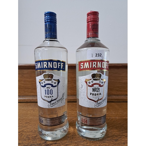 232 - TWO BOTTLES OF VODKA
comprising Smirnoff red No.21 (1L, 37.5%) and Smirnoff blue No.57 100 (1L, 50%)... 