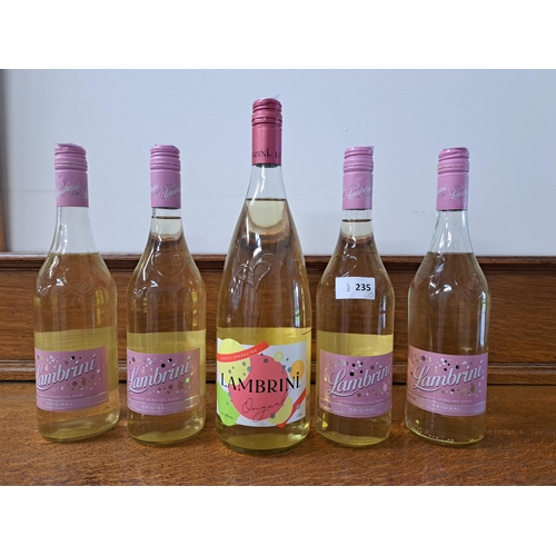 235 - FIVE BOTTLES OF LAMBRINI 
four bottles of 750ml and one 1.25L bottle, all 6%
Note: you must be over ... 