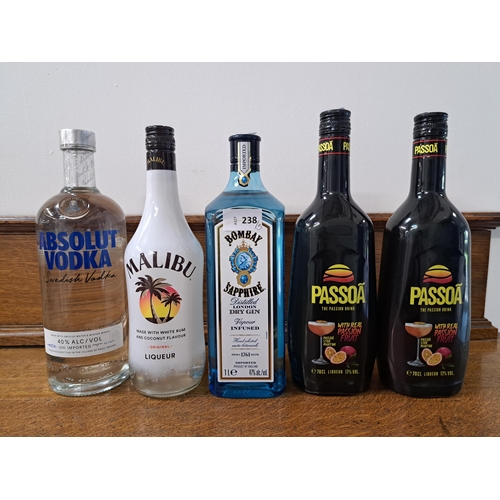 238 - SELECTION OF SPIRITS AND LIQUEUR
comprising Absolut Vodka (1L, 40%), Bombay Sapphire Dry Gin (1L, 47... 