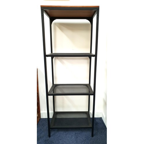 342 - SET OF METAL OPEN SHELVES
with a wood effect top above three black pierced metal shelves, 136cm x 51... 