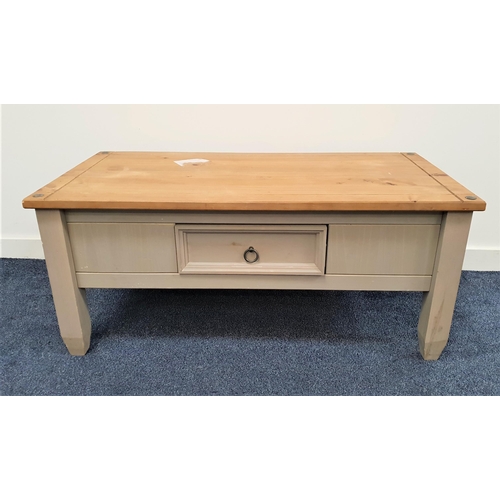 PINE OCCASIONAL TABLE
with a rectangular top above a grey painted lower section with a panelled drawer, standing on tapering supports, 46.5cm x 107cm