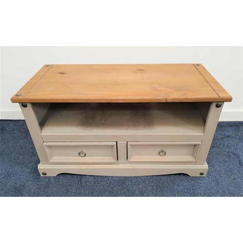 350 - PINE SIDE CABINET
with a rectangular top above a grey painted lower section with a shelf and two pan... 