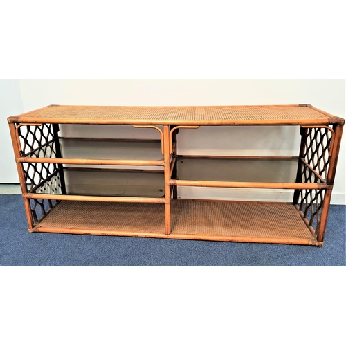 373 - BAMBOO SIDE UNIT
with a rattan woven top above an arrangement of three glass shelves with lattice wo... 