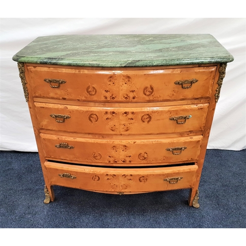 403 - CONTINENTAL BURR MAPLE BOW FRONT CHEST OF DRAWERS
with a green marble top above four drawers with gi... 